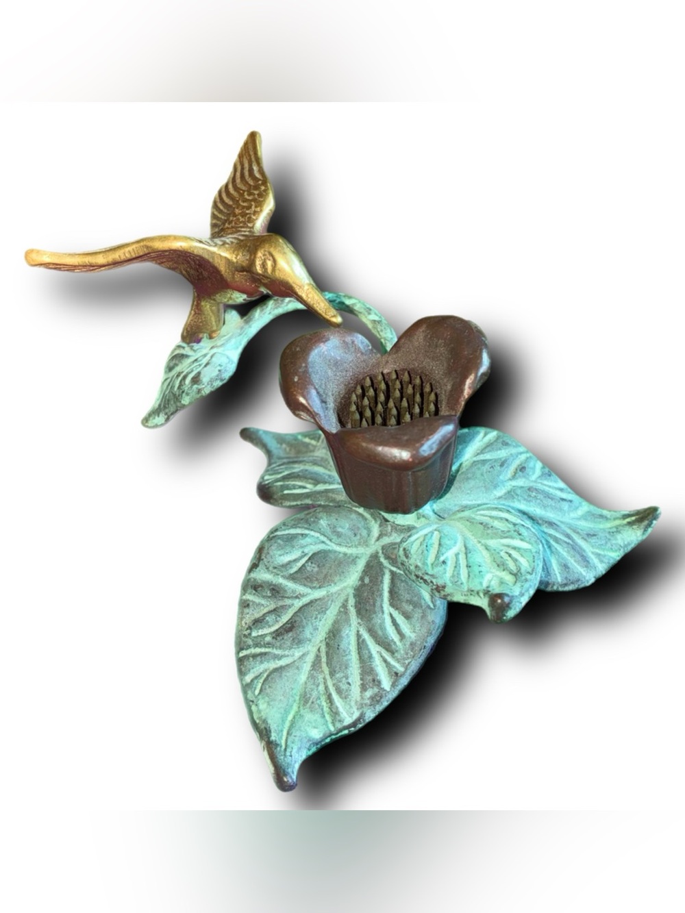 Vintage 90s Art Noveau Style Bronze Color Hummingbird Flower Frog/Candle Holder